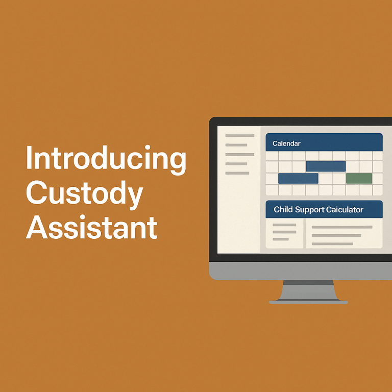 Custody Assistant introduction graphic showing legal software interface with calendar and child support calculator on a computer screen, promoting family law case management tools.